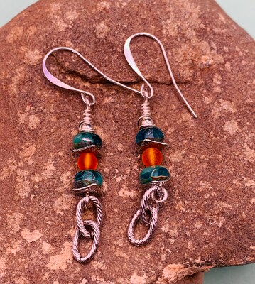 Turquoise Aqua and Orange Dangle Earrings, Fire Polished Aqua and Beach Glass Orange Earrings, Matte Orange and Turquoise Aqua Earrings - image5